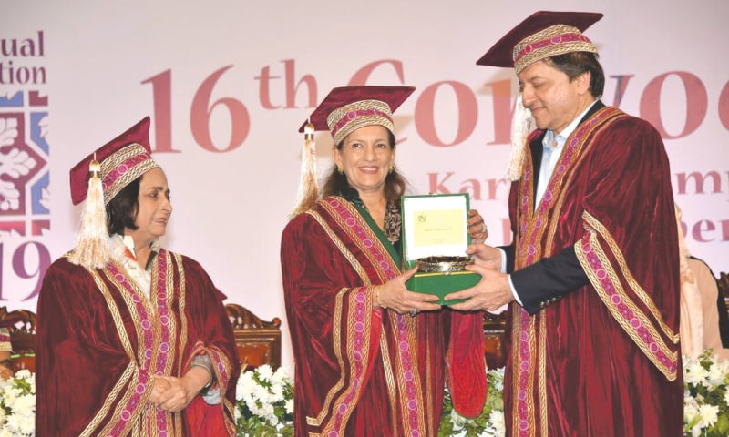 Deputy Chairman of the Senate Saleem Mandviwalla, Shahnaz Wazir Ali and Dr Azra Pechuho at the Szabist convocation on Sunday.