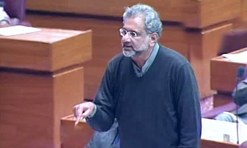PML-N leader Shahid Khaqan Abbasi addresses the National Assembly on Tuesday. &mdash; DawnNewsTV