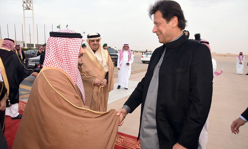 Prime Minister Imran Khan being greeted by Riyadh Governor Faisal bin Bandar Al Saud upon his arrival in Riyadh on Saturday. — PM Office