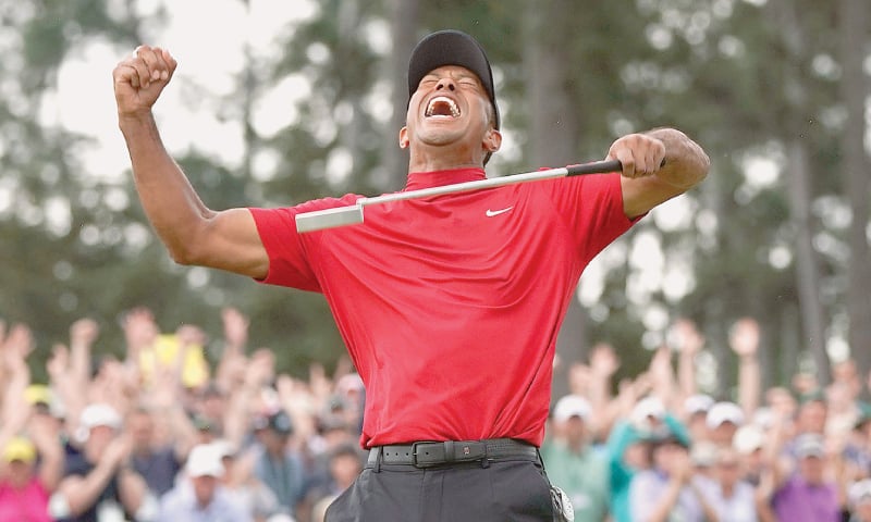 IN this April 14, 2019 file photo, Tiger Woods reacts as he wins the Masters golf tournament in Augusta, Georgia.&mdash;AP