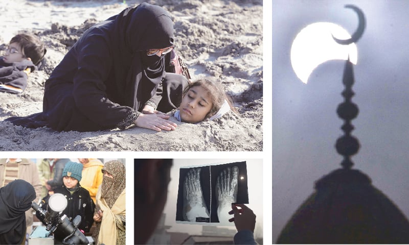 Karachi: (Clockwise) A woman comforts her daughter, buried up to her neck in sand during the solar eclipse, along Clifton beach on Thursday. Many believe that burying people with disabilities in sand during a solar eclipse would cause healing. In this photo, the third and final solar eclipse of 2019 is partly sighted in Rawalpindi. A girl in Islamabad watches the solar eclipse through an X-ray sheet and a woman, also in the federal capital, watches the solar eclipse through a telescope.&mdash;Reuters / APP / AFP / Online