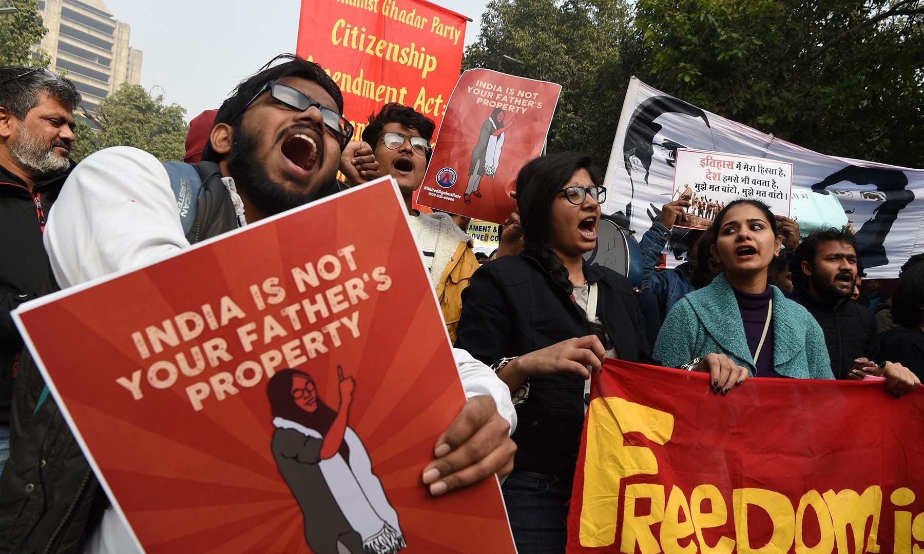 In this photo taken on December 24, protesters hold placards at a demonstration against India's new citizenship law in New Delhi. — AFP