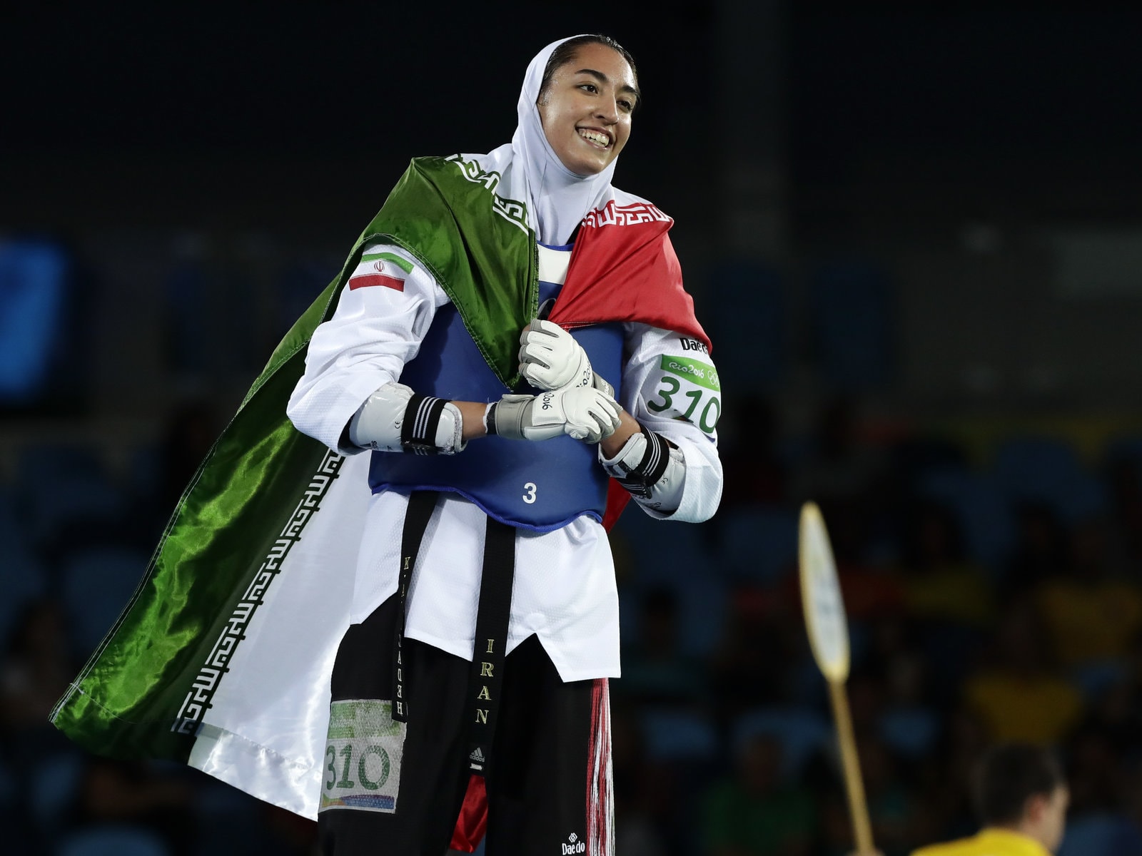 Kimia Alizadeh of Iran celebrates after winning a bronze medal in taekwondo at the 2016 Summer Olympics in Rio de Janeiro, Brazil.