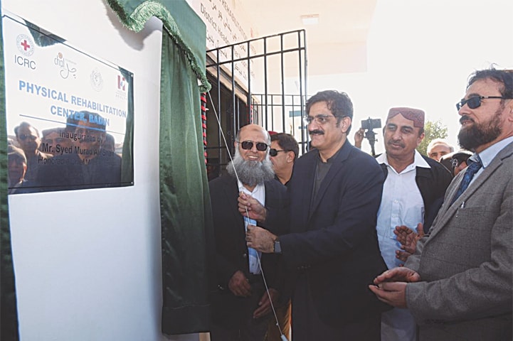 CM Syed Murad Ali Shah inaugurates the physical rehabilitation centre in Badin on Monday.—Dawn