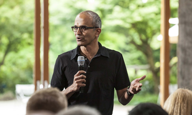 Satya Nadella, executive vice president, Cloud and Enterprise, addresses employees during the One Microsoft Town Hall event in Seattle, Washington in this July 11, 2013 photo. &mdash; Reuters/File