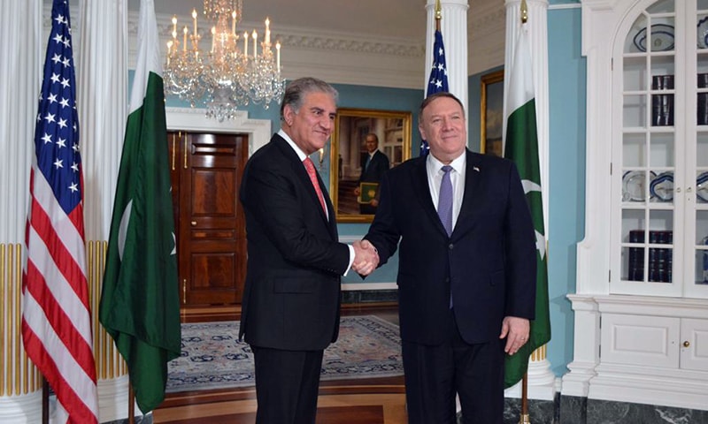 Foreign Minister Shah Mahmood Qureshi and US Secretary of State Mike Pompeo shake hands. — Foreign Office media