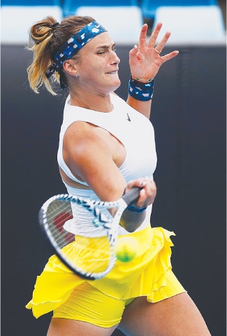 BELARUS’ Aryna Sabalenka in action during the match against Carla Suarez Navarro of Spain on Wednesday.—Reuters