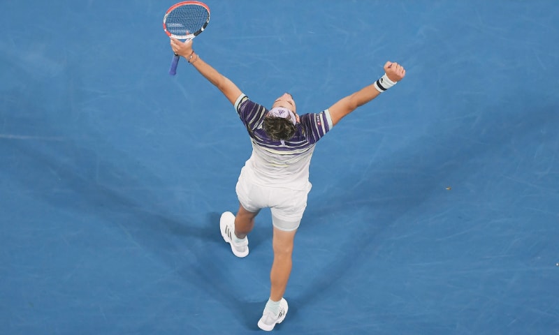 AUSTRIA’S Dominic Thiem rejoices after beating Rafael Nadal of Spain in the Australian Open quarter-final on Wednesday.—AFP