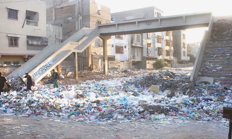 WHILE the railway minister has claimed to have cleared 38 kilometres of Karachi Circular Railway tracks, garbage piles seen at the KCR’s defunct Nazimabad station on Sunday.—Online