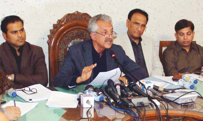 Mayor Akhtar speaks at the presser on Monday.—PPI Mayor Akhtar speaks at the presser on Monday.—PPI