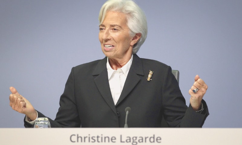 FRANKFURT: Christine Lagarde, President of the European Central Bank addresses a news conference following the meeting of the governing council of the ECB.—AFP file photo