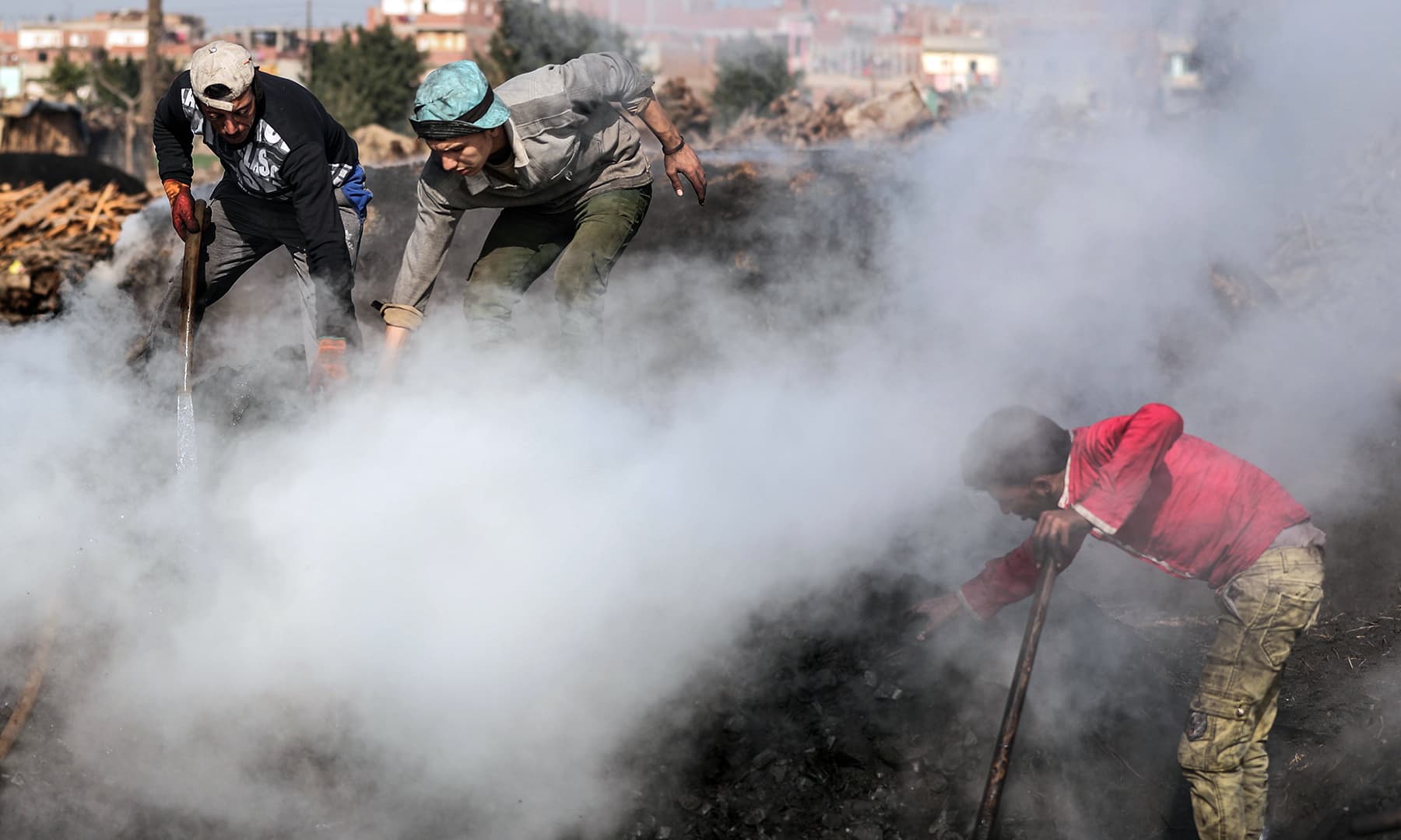 Egyptian labourers work at a charcoal factory in Egypt's Sharkia governorate. — AFP