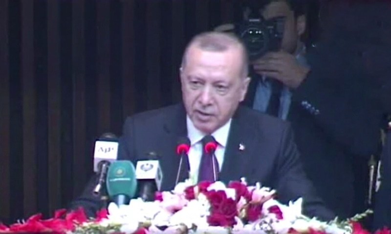 Turkish President Recep Tayyip Erdogan addressed the joint session of Parliament on Friday. — DawnNewsTV