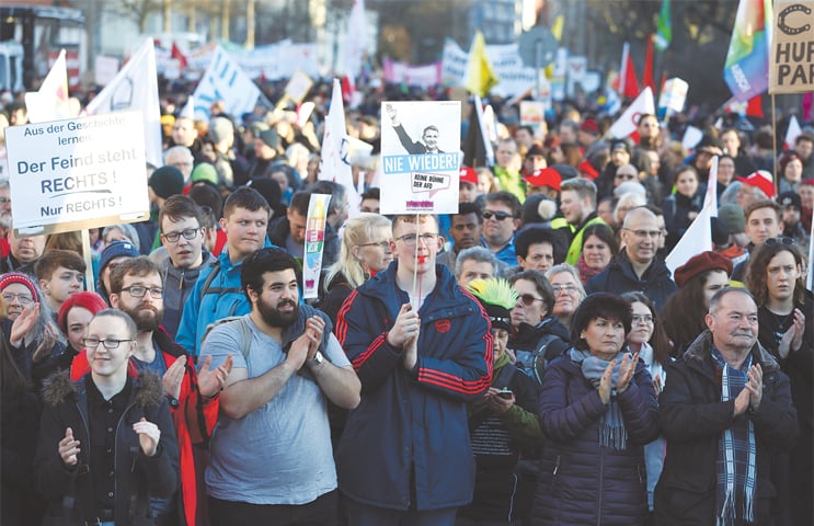 Erfurt (Germany): People protest against far-right Alternative for Germany (AfD) party on Saturday.—Reuters