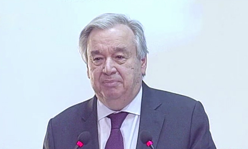 United Nations Secretary General Antonio Guterres addresses a seminar at NUST, Islamabad. — DawnNewsTV