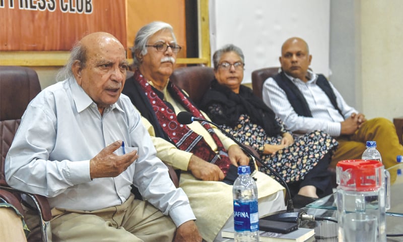 I.A. Rehman speaks at the event on Monday.—White Star I.A. Rehman speaks at the event on Monday.—White Star