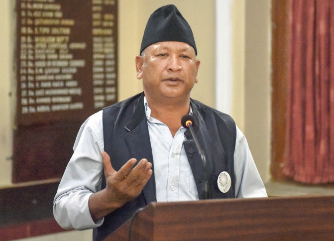 Nepalese activist Lyam Bahadur Darjee speaks at the PMA House on Thursday.—White Star