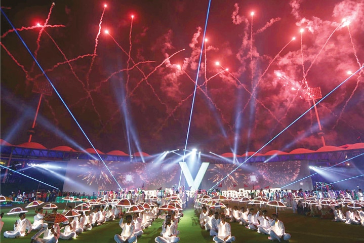 A GENERAL view as fireworks explode during the opening ceremony of the Pakistan Super League at the National Stadium on Thursday.—PPI