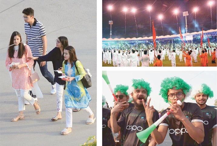 Cricket lovers’ dream that the entire PSL be played in Pakistan came true on Thursday as a dazzling ceremony kicked off the event at Karachi’s National Stadium. The picture at top shows a family arriving at the stadium. A view of fireworks and music concert (above right) and fans in colourful headgear enjoy themselves.—Agencies