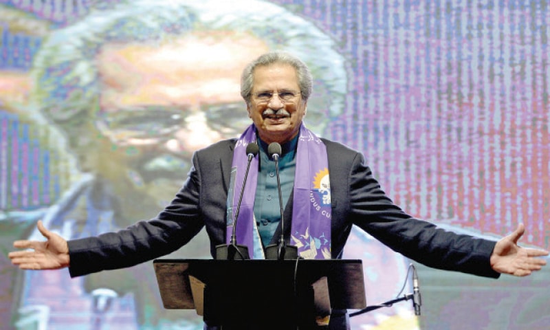 Minister for National History and Literary Heritage Shafqat Mahmood gestures as he speaks at the festival on Sunday. The other picture shows writer Akhtar Baloch speaking at the ‘City Profiles in Mother Languages’ session. — White Star