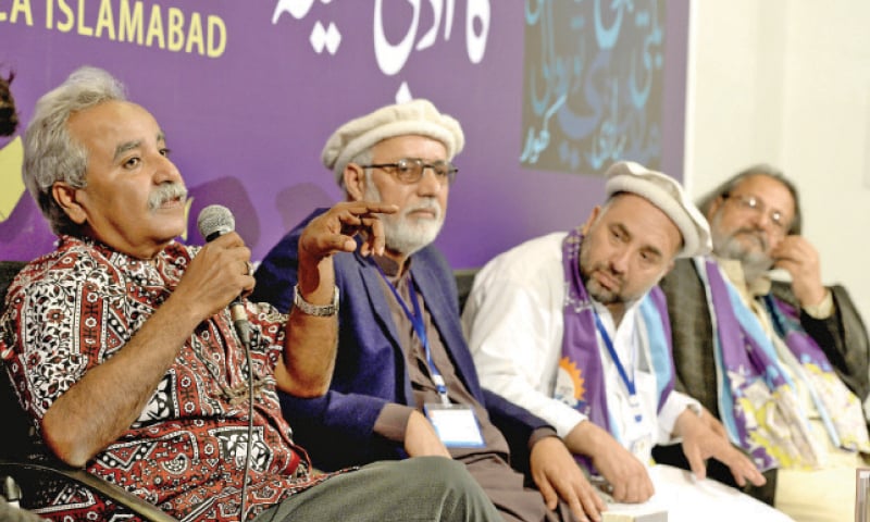Minister for National History and Literary Heritage Shafqat Mahmood gestures as he speaks at the festival on Sunday. The other picture shows writer Akhtar Baloch speaking at the ‘City Profiles in Mother Languages’ session. — White Star