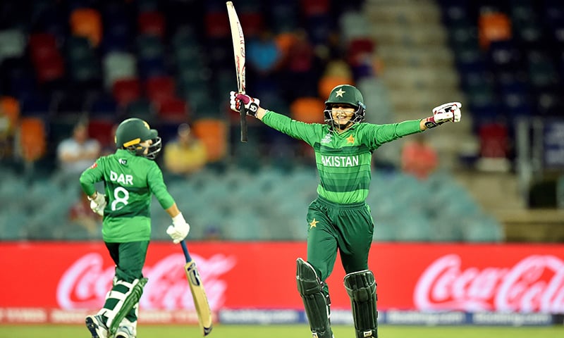 Pakistan captain Bismah Maroof (R) celebrates after a victory against West Indies during the Twenty20 women's World Cup cricket match between Pakistan and West Indies in Canberra on February 26. — AFP