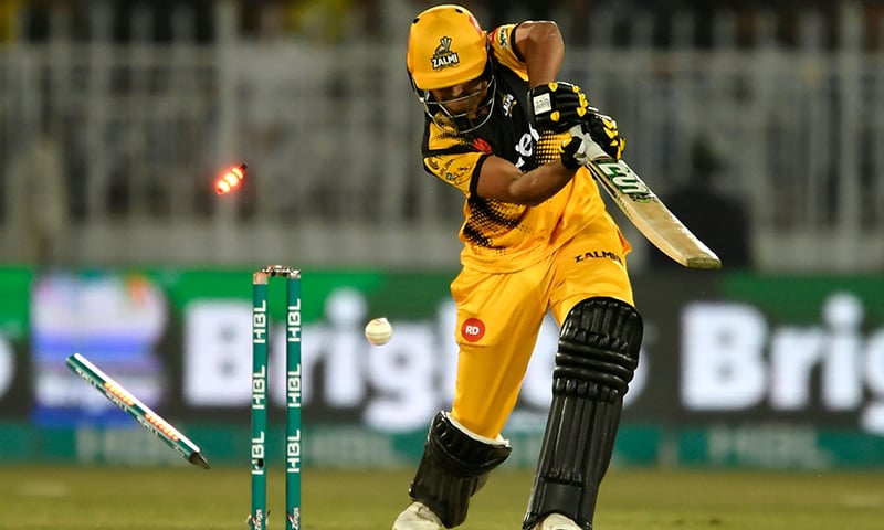 Peshawar Zalmi's Haider Ali is bowled out by Karachi Kings' Mohammad Amir (unseen) during the Pakistan Super League (PSL) T20 cricket match at the Rawalpindi Cricket Stadium on March 2. — AFP