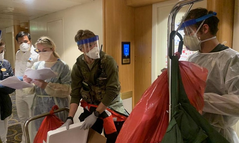Medical personnel Guardian Angels with the 129th Rescue Wing, alongside individuals from the CDC don full personal protective equipment as they prepare to test travellers on the Grand Princess cruise ship for the coronavirus currently off the coast of California, US. — California National Guard/Handout via Reuters