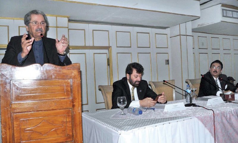 Education Minister Shafqat Mahmood speaks at the vice chancellors’ meeting on Friday. — APP Education Minister Shafqat Mahmood speaks at the vice chancellors’ meeting on Friday. — APP