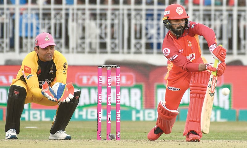 ISLAMABAD United captain Shadab Khan plays a stroke during his whirlwind knock in the PSL match against Peshawar Zalmi at the Pindi Cricket Stadium on Saturday.—Tanveer Shahzad/White Star ISLAMABAD United captain Shadab Khan plays a stroke during his whirlwind knock in the PSL match against Peshawar Zalmi at the Pindi Cricket Stadium on Saturday.—Tanveer Shahzad/White Star