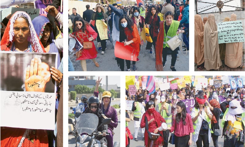 [Clockwise] Members of the Community Action Group holding placards at a rally organised to mark the International Women&rsquo;s Day in Hyderabad on Sunday. Participants of the Aurat March in Islamabad duck after unidentified people started pelting them with stones. Women supporters of the Jamiat Ulema-i-Islam (Fazl) gather in Peshawar. In Lahore, a procession passes through a road. A participant of &lsquo;Women on Wheels&rsquo; flashes victory sign in Karachi.&mdash;Online / White Star / Reuters / PPI / White Star