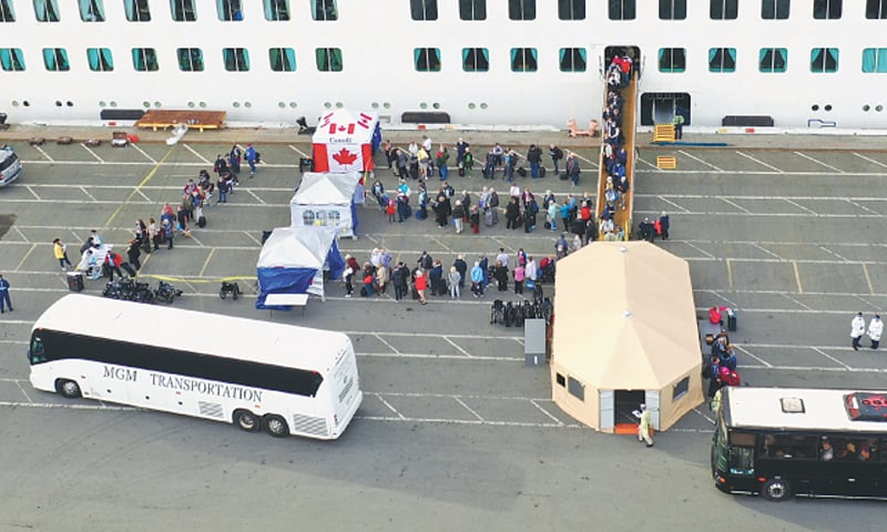 OAKLAND (California, US): Passengers disembark from the Grand Princess on Monday as it sits docked at Oakland port. —AFP OAKLAND (California, US): Passengers disembark from the Grand Princess on Monday as it sits docked at Oakland port. —AFP