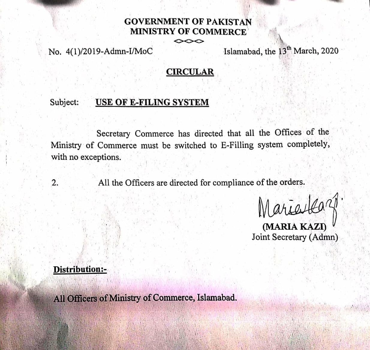 A copy of the notification issued by the Federal Commerce Ministry.