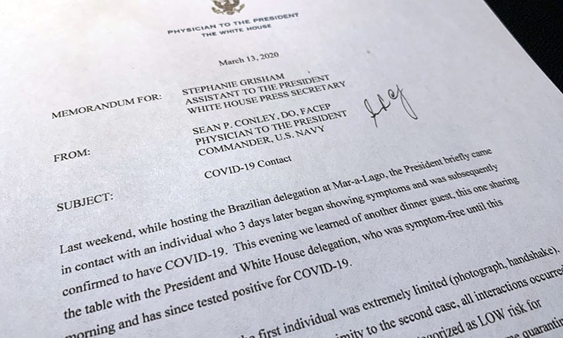 A copy of a memo to White House Press Secretary Stephanie Grisham from Sean Conley, physician to President Donald Trump. is photographed on Saturday. — AP