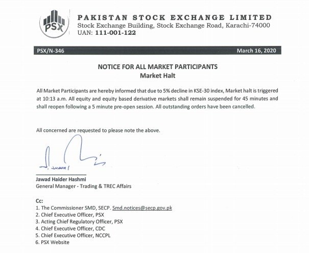 A copy of the notification released on today's market halt.