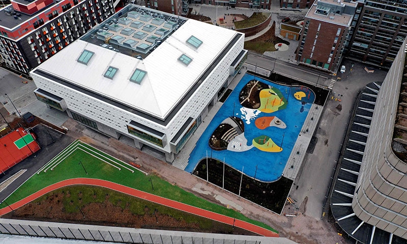 An aerial picture taken on March 18, 2020 in Helsinki shows the courtyard of J&auml;tk&auml;saari primary school, that remains empty as all public schools are closed to limit the spread of the novel coronavirus. &mdash; AFP