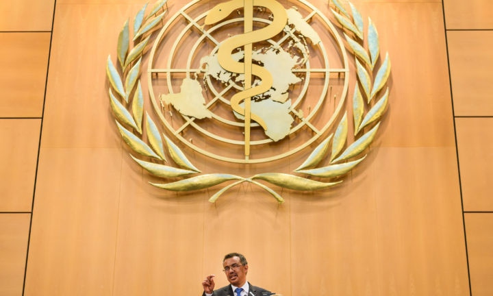 WHO Director General Ethiopia's Tedros Adhanom Ghebreyesus addresses an audience at the headquarters in Geneva.