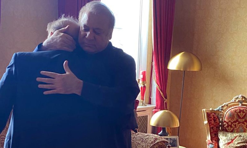 PML-N President Shehbaz Sharif is seen off by former PM Nawaz Sharif in London. — Photo courtesy PML-N