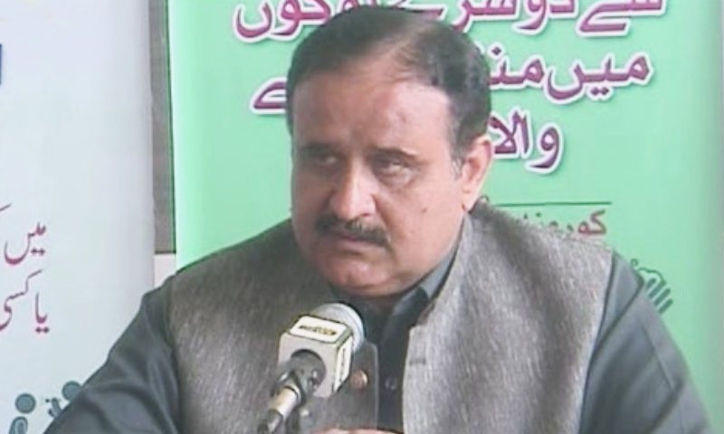 Punjab Chief Minister Usman Buzdar speaks to reporters in Lahore. — DawnNewsTV