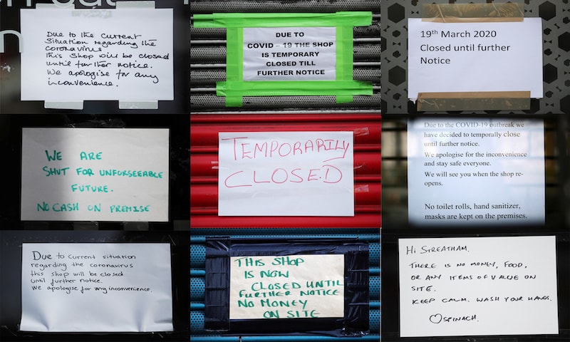 A composite photograph shows signs on shop fronts informing customers of temporarily closed restaurants and shops on Streatham High Road in south London, as the UK government imposed tight restrictions to prevent the spread of the coronavirus disease in Britain on March 21, 2020. &mdash; Reuters