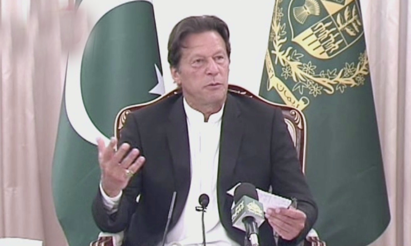 Prime Minister Imran Khan speaks to journalists during a media briefing. — DawnNewsTV