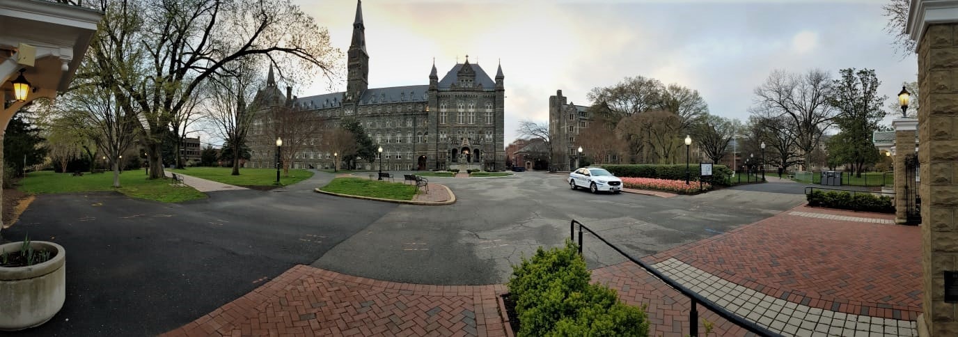 Police vehicle occupy empty campuses across the District as self-imposed quarantines have taken over. In image, a deserted Georgetown University campus, Monday, March 23, 2020. – Picture by Askari Hasan