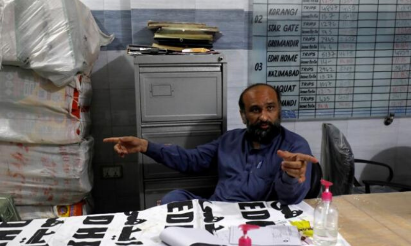 Faisal Edhi, head of Edhi Foundation gestures as he speaks in his office in Karachi. —Reuters