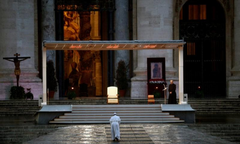 Pope Francis arrives at St. Peter's Square to deliver an extraordinary "Urbi et Orbi" (to the city and the world) blessing &mdash; normally given only at Christmas and Easter as a response to the global Covid-19 pandemic. &mdash;Reuters