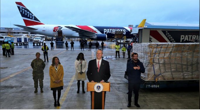 Massachusetts Governor Charlie Baker speaks in a hangar after New England Patriots Boeing 767-300 jet arrived with a shipment of over one million N95 masks from China at Logan Aiport, Boston, Massachusetts, US, April 2. — Reuters