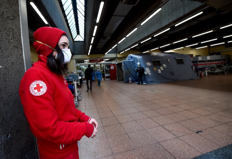 A member of the Red Cross wears a protective mask at the emergency unit of the Molinette Hospital on Palm Sunday, during the coronavirus disease outbreak in Turin, Italy, on April 5, 2020. — Reuters