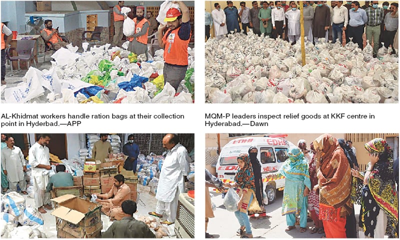 Nisar Khuhro supervises relief distribution work in Larkana.—Dawn
 / EDHI volunteers give away vegetable packs to women in Heerabad, Hyderabad.—Dawn