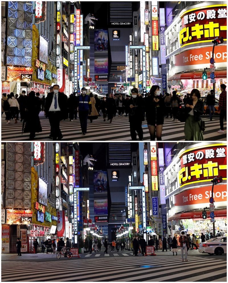 A combination picture shows passersby wearing protective face masks walking at Kabukicho entertainment and shopping district in Tokyo, Japan on March 27, 2020, and the same spot on April 8, 2020, as less than usual passersby are seen on the street after the government announced a state of emergency for the capital, following an outbreak of the coronavirus disease. — Reuters