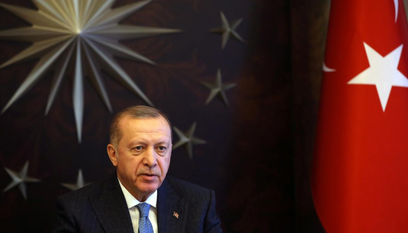 Turkish President Tayyip Erdogan attends a videoconference with G20 leaders to discuss Covid-19 outbreak, at Huber Mansion in Istanbul, Turkey, March 26. — Reuters
