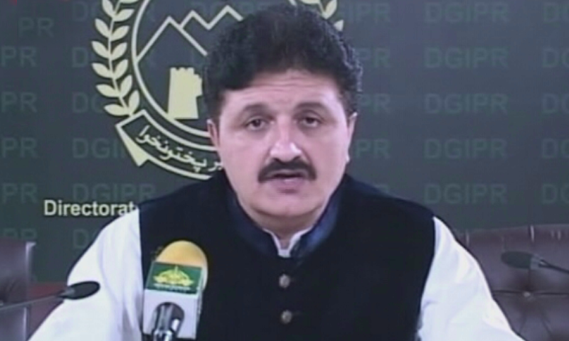 Khyber Pakhtunkhwa Information Adviser Ajmal Wazir speaks to media after a cabinet meeting.